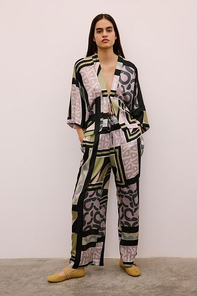 Rue Studio Patterned Long Black Trousers with Lace Detail