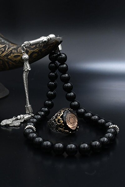 Prestige Doğal Oniks Taşlı Tesbih Ve 925 Ayar Gümüş Yüzük Hz. Süleyman Mührü ...