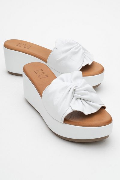 LuviShoes Jeff White Skin Genuine Leather Bow Women's Wedge Heeled Slippers