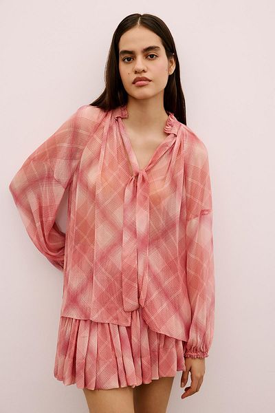 rue. Ruffle Detailed Patterned Pink Blouse