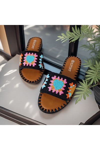 OEM Women's slippers with crochet pattern, made of textile material, 1133black