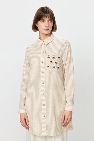 Nihan Çizgi Mixli Deniz Kabuklu Gömlek Pamuk Tunik Bej