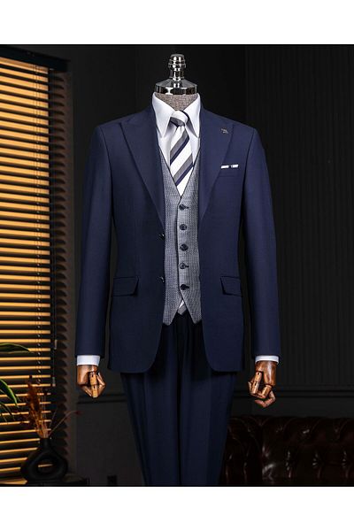 TerziAdemAltun Italian Style Combination Suit Jacket Vest Pant Navy Blue T14041
