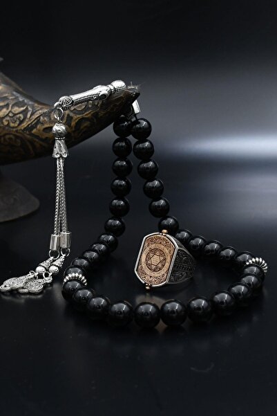 Prestige Doğal Oniks Taşlı Tesbih Ve 925 Ayar Gümüş Yüzük Hz. Süleyman Mührü ...