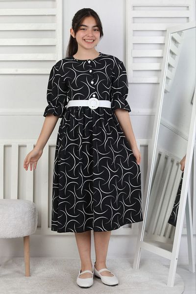 ABİYEKİDS Buttoned Belted Wrinkled Fabric Black Eid Girl's Dress Aby194