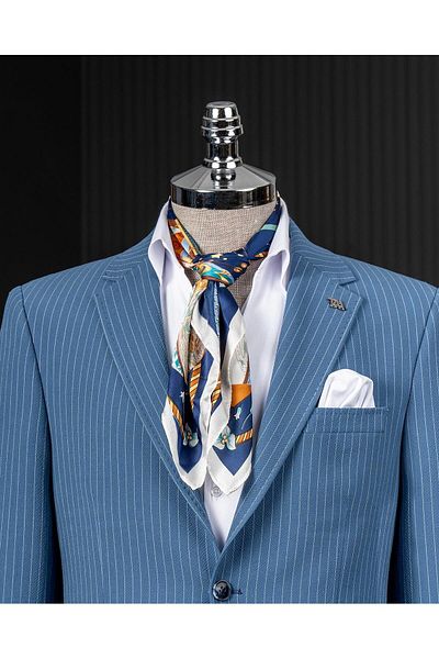 TerziAdemAltun Italian Style Slim Fit Seersucker Fabric Jacket Pant Suit Blue T13873
