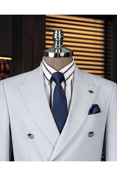 TerziAdemAltun Italian Style Double-Breasted Jacket Pants Suit Blue T14094