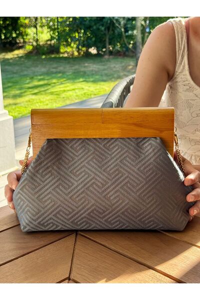 JOPHIEL Bahram Petite - Zincirli, Ahşap Burslu Kumaş Çanta, Clutch, El Çantası, Kol Çantası, Omuz Çantası