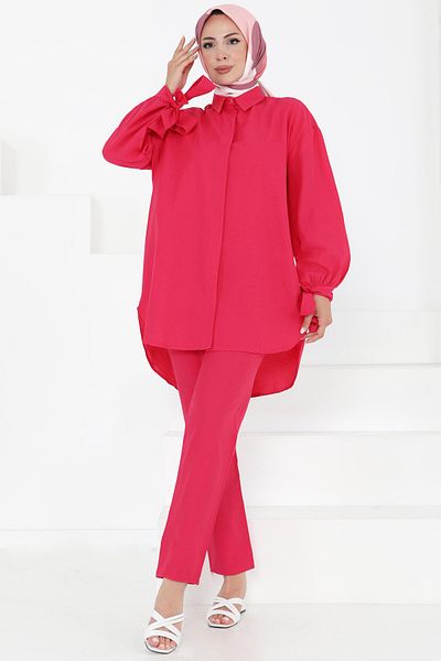 TOFİSA Double Suit with Sleeve Detail Fusya - 27085