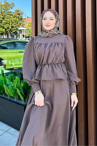 Ovn. Gathered Blouse Skirt Set - Brown