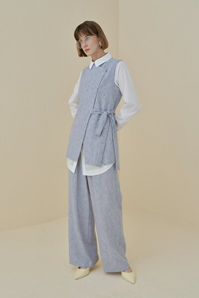 Nihan Asimetrik Kapama Yelek Pantolon Keten Görünümlü Takım İndigo