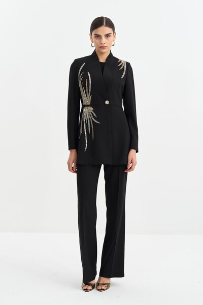 Nihan Taş Detaylı Pantolon Ceket Şık Takım Siyah