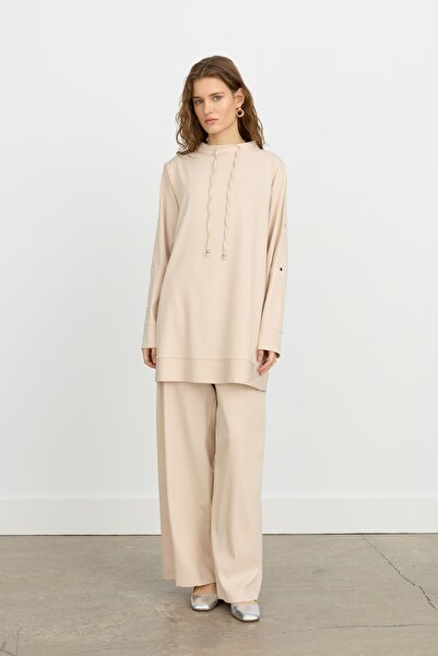 Nihan Kol Detaylı Pantolon Tunik Takım Bej