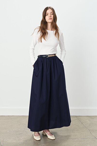 Nihan Büzgülü Kemer Detaylı Pamuk Etek Lacivert
