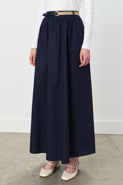 Nihan Büzgülü Kemer Detaylı Pamuk Etek Lacivert