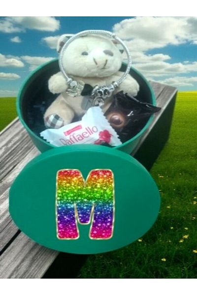 LADİJİTAL BASKI ÇÖZÜMLERİ Steel Bracelet & Chocolate & Teddy Bear in Colorful Round Letter Printed Box