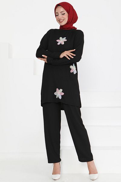 TOFİSA Flower Detailed Double Suit Black - 27371