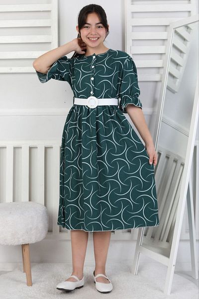 ABİYEKİDS Buttoned Belted Wrinkled Fabric Holiday Girl's Green Dress Aby194