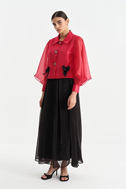 Nihan Organze Kollu Etek Ceket Takım Kırmızı
