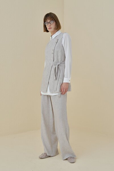 Nihan Asimetrik Kapama Yelek Pantolon Keten Görünümlü Takım Gri