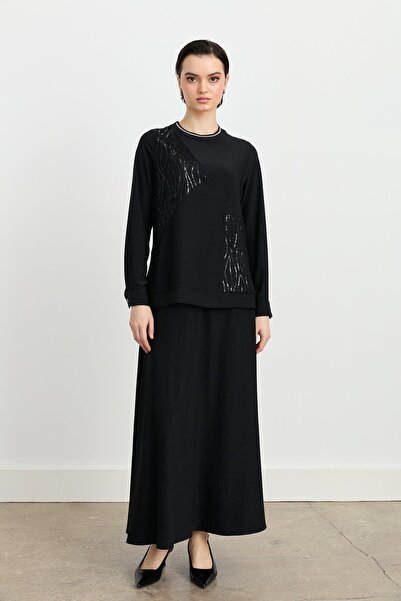 Nihan File Detaylı Etek Bluz Takım Siyah