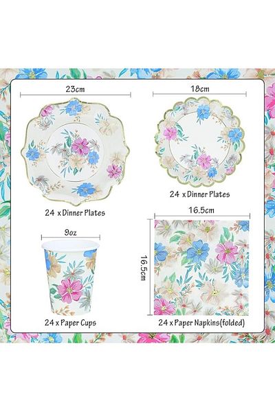DELPI Floral Print Party Tableware Set, 96 Pieces, for 24 People, White - Purple