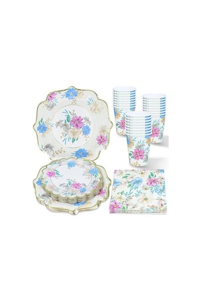 DELPI Floral Print Party Tableware Set, 96 Pieces, for 24 People, White - Purple