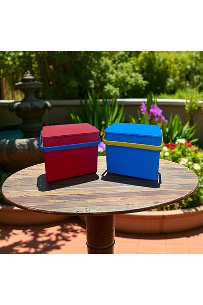 SANALTİCARETİM Rainbow 2-Piece Red Blue Square Bucket Picnic Basket Fruit Bucket