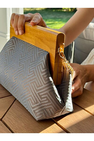JOPHIEL Bahram Petite - Zincirli, Ahşap Burslu Kumaş Çanta, Clutch, El Çantası, Kol Çantası, Omuz Çantası
