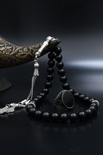 Prestige Doğal Oniks Taşlı Tesbih Ve 925 Ayar Gümüş Yüzük Zirkon Taş Süslemel...