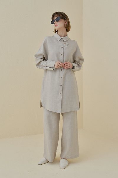 Nihan Oversize Linen Tunic Beige with Sleeve Detail