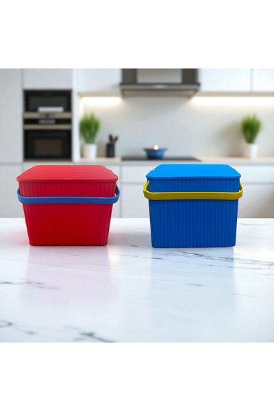 SANALTİCARETİM Rainbow 2-Piece Red Blue Square Bucket Picnic Basket Fruit Bucket