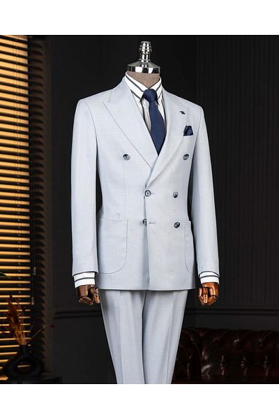 TerziAdemAltun Italian Style Double-Breasted Jacket Pants Suit Blue T14094