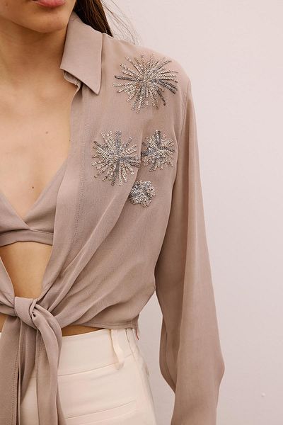 rue. Sequin Embroidered Tie-Up Mink Crop Blouse
