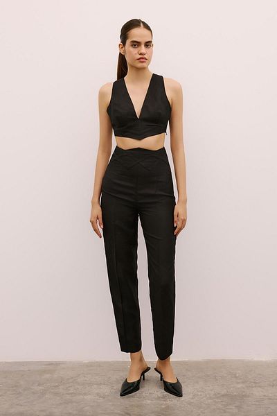 Rue Studio High Waist Black Trousers with Weaving Detail