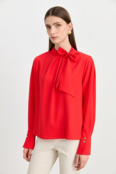 Nihan Fular Detaylı Şık Bluz Mercan