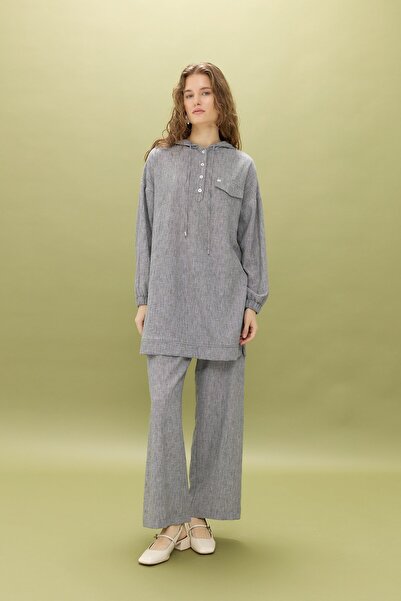 Nihan Cep Detaylı Keten Pantolon Tunik Takım Siyah
