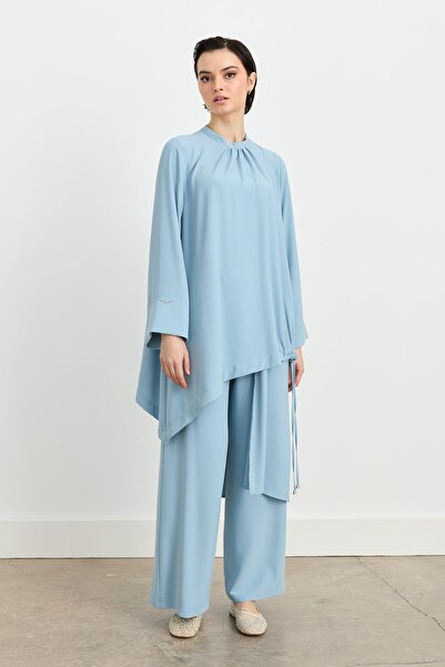 Nihan Parçalı Şerit Detaylı Pantolon Tunik Takım Açık Mavi