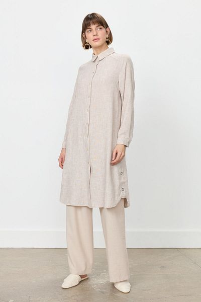 Nihan Eyelet Detailed Shirt Collar Tunic Light Brown