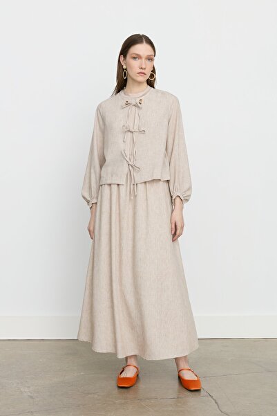 Nihan Bağlama Ceketli Etek Keten Görünümlü Takım Taş