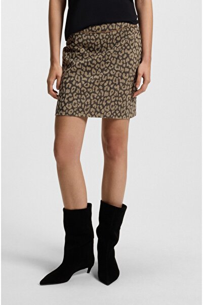BOSS Kadın Regular Fit Fermuar Kapatmalı Astarlı Leopar Desenli Mini Leopar Etek 50545996-960