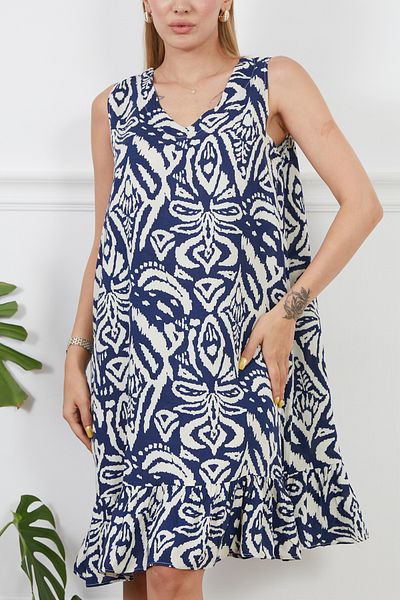 DPARİS Viscose Patterned V Neck Zero Sleeve Dress