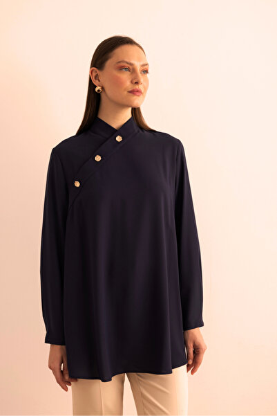 Aker Yakası Asimetrik , Metal Düğme Detaylı Dokuma Tunik