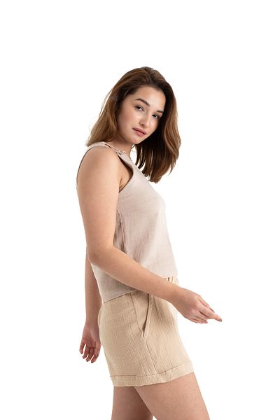 PANCHY CANKY Μπλούζα Crop με λεπτομέρεια ώμου 2 στρώσεων από 100% βαμβακερή μουσελίνα