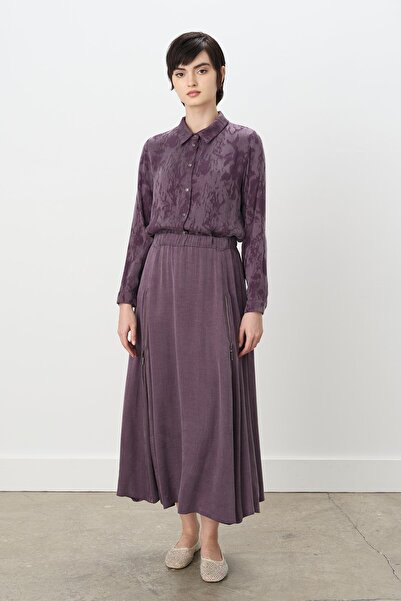 Nihan Premium Çift Fermuar Detaylı Kloş Cupra Etek Mürdüm