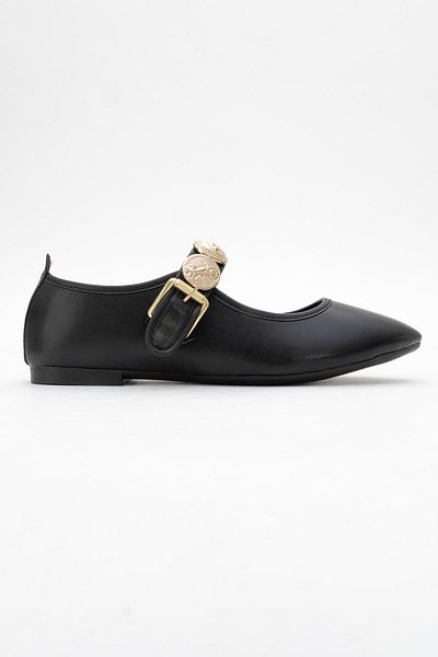 CCWAY AYAKKABI Women's Belted Crested Single-Piece Blunt-Toed Ballerinas Black