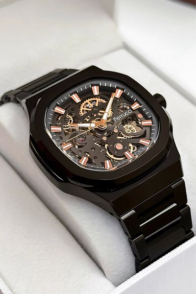Ferrucci Automatic Mechanism Steel Cord & Case Men's Wrist Watch 3 Atm Black Sdfer169