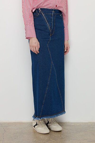 Nihan Çıt Çıtlı Fermuar Detaylı Denim Etek İndigo