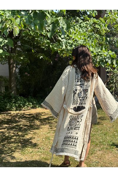 Hayat Ağacı Atölyesi "Mayra" Hand Print Muslin Kimono Beach Dress