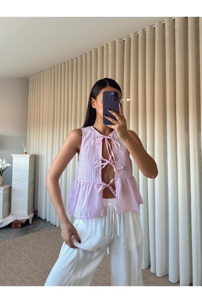 mydukkan.co Ленена блуза с връзки на райета